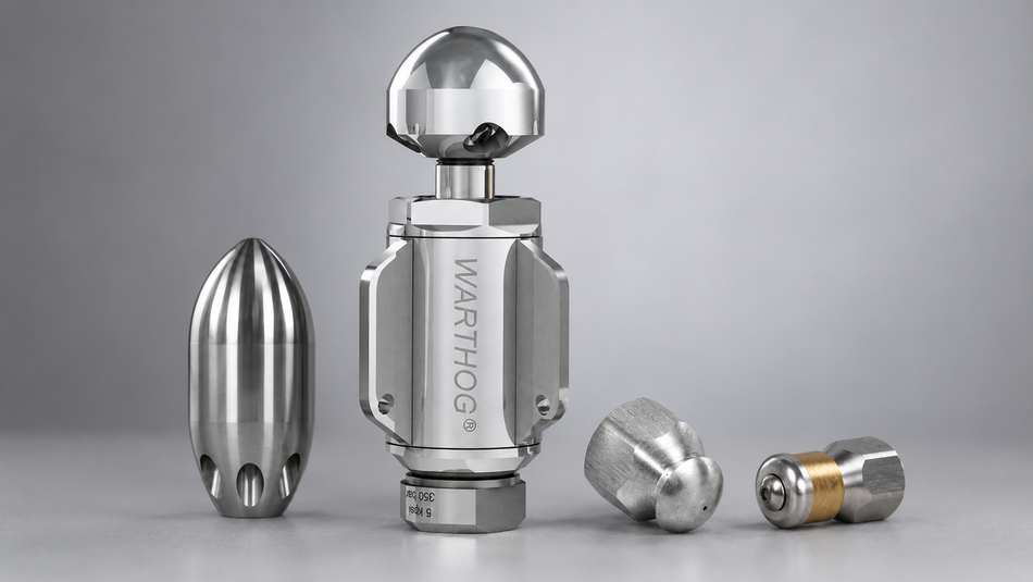 Assortment of stainless steel sewer jetter nozzles with rounded, pointed, and multi-port cleaning heads.