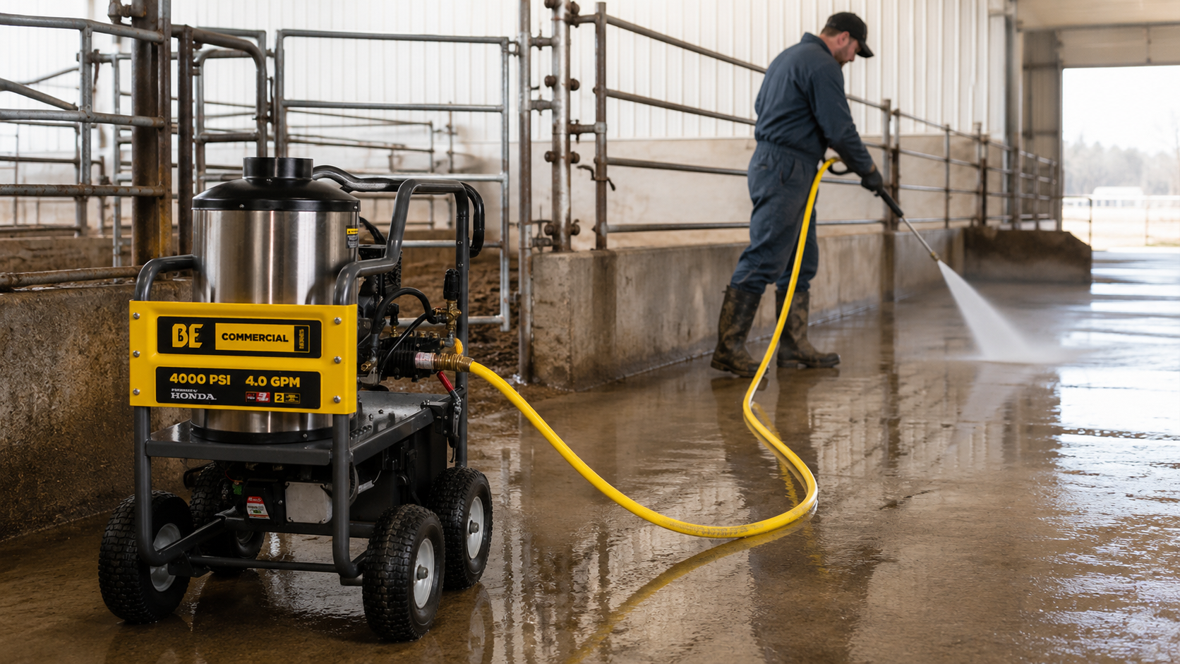 Hot water pressure washer with yellow hose cleaning a livestock facility floor while a worker sanitizes the barn interior