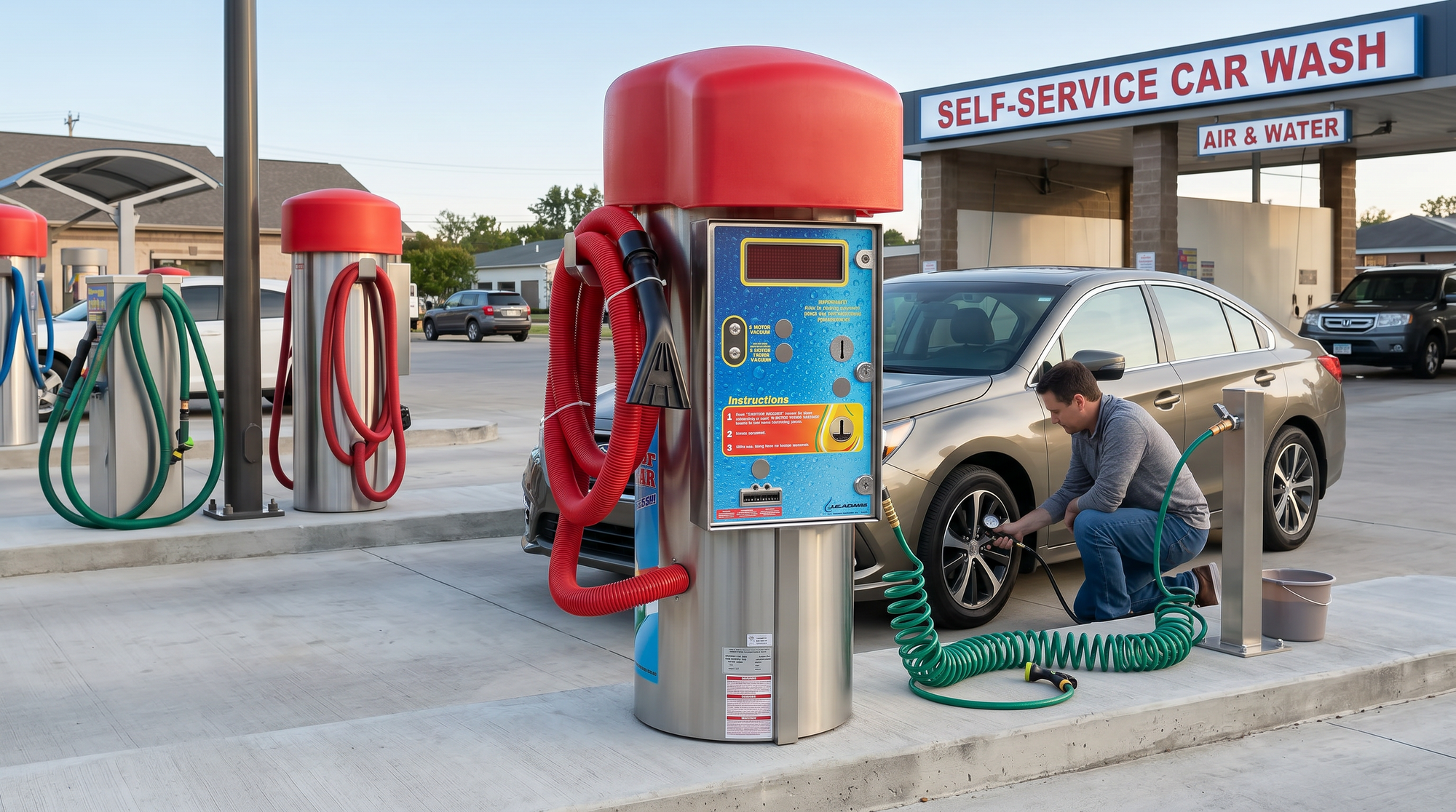Customer using a self-service air and water machine to inflate a car tire at a car wash.