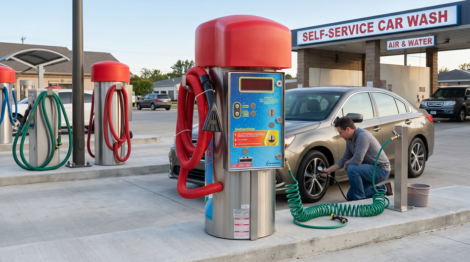 Customer using a self-service air and water machine to inflate a car tire at a car wash.