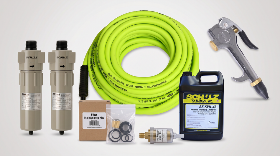Air compressor accessories including filters, coiled hose, blow gun, maintenance kit, lubricant, and inline pressure filter.