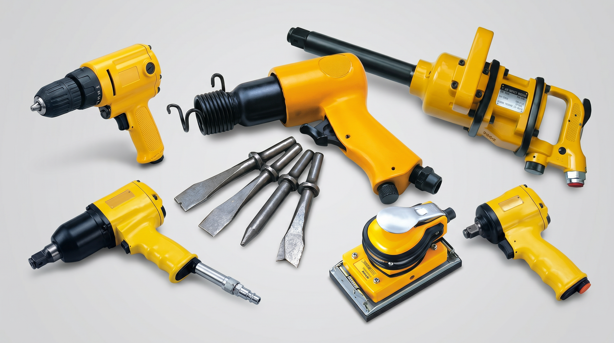 Collection of power tools on a gray background