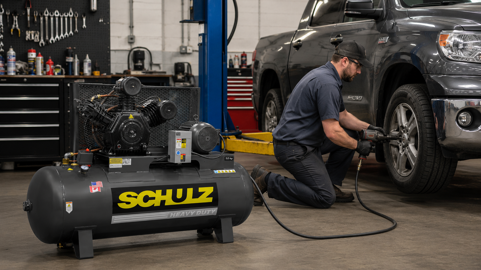 Mechanic working on a truck with a Schulz air compressor in an automotive repair shop.