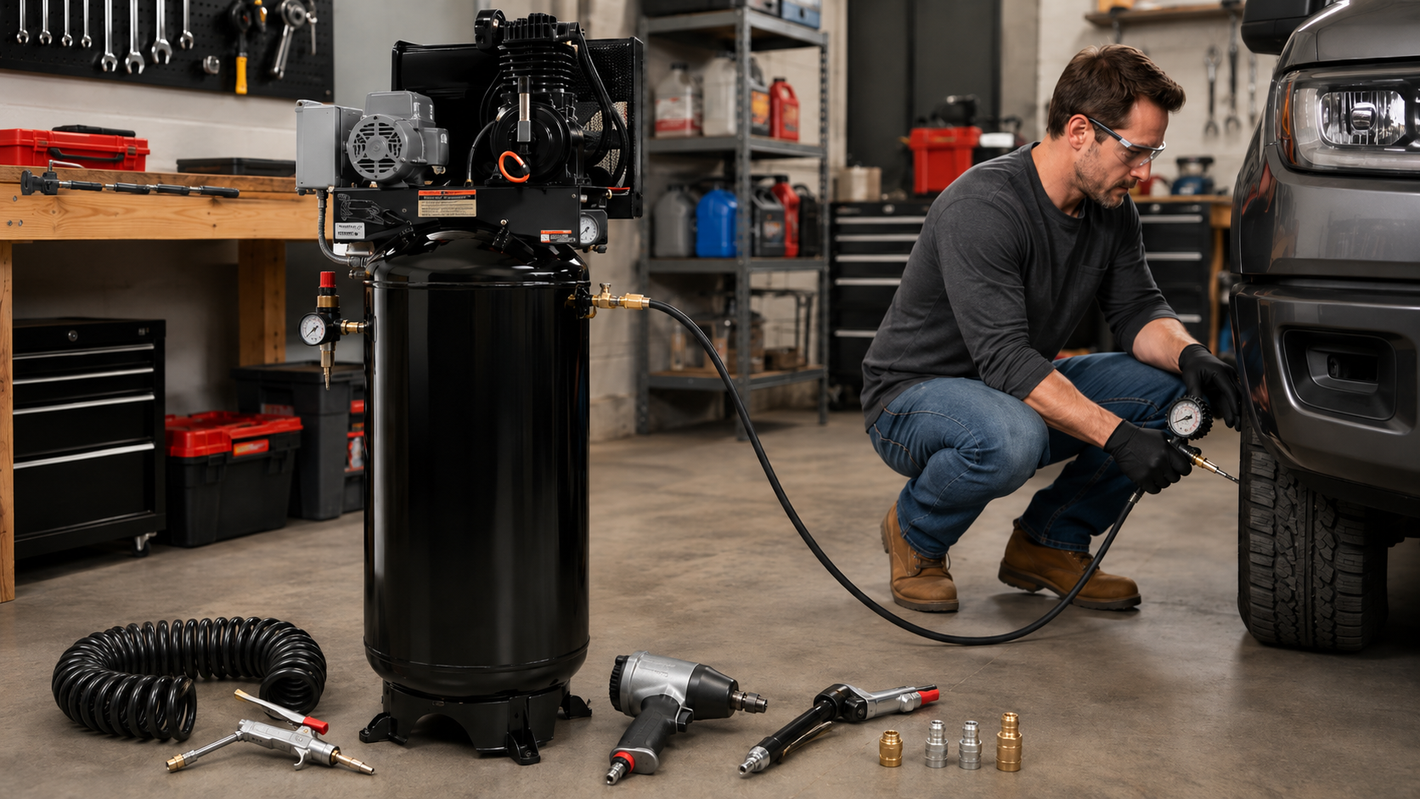 Vertical air compressor system powering pneumatic tools while a mechanic checks a vehicle tire in a workshop.