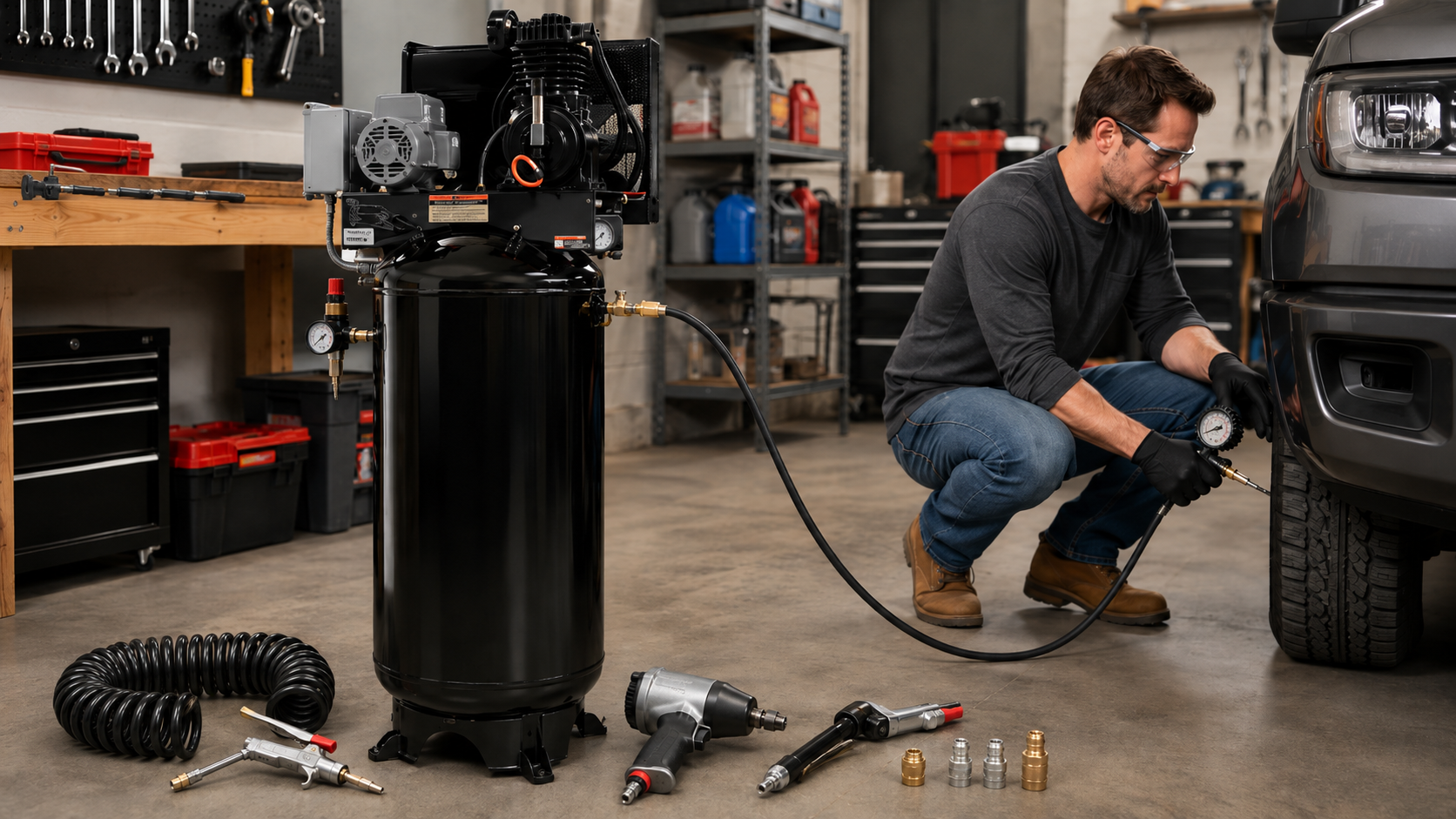 Vertical air compressor system powering pneumatic tools while a mechanic checks a vehicle tire in a workshop.
