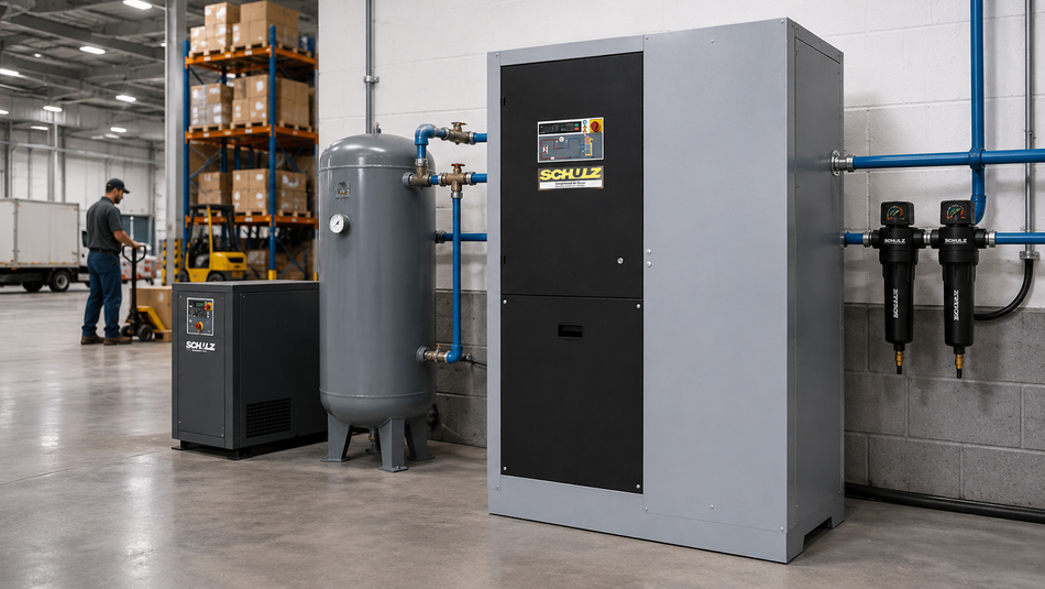 Industrial Schulz compressed air dryer system with receiver tank, piping, and inline filters installed in a warehouse.