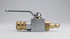 Industrial high-pressure ball valve with lever handle, quick-connect coupler, and hose fitting.