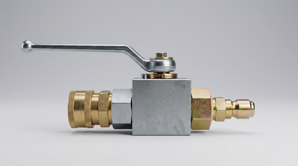 Industrial high-pressure ball valve with lever handle, quick-connect coupler, and hose fitting.