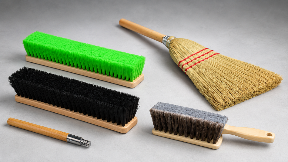 Assortment of car wash brushes, push brooms, handheld scrub brush, broom head, and wooden handle.