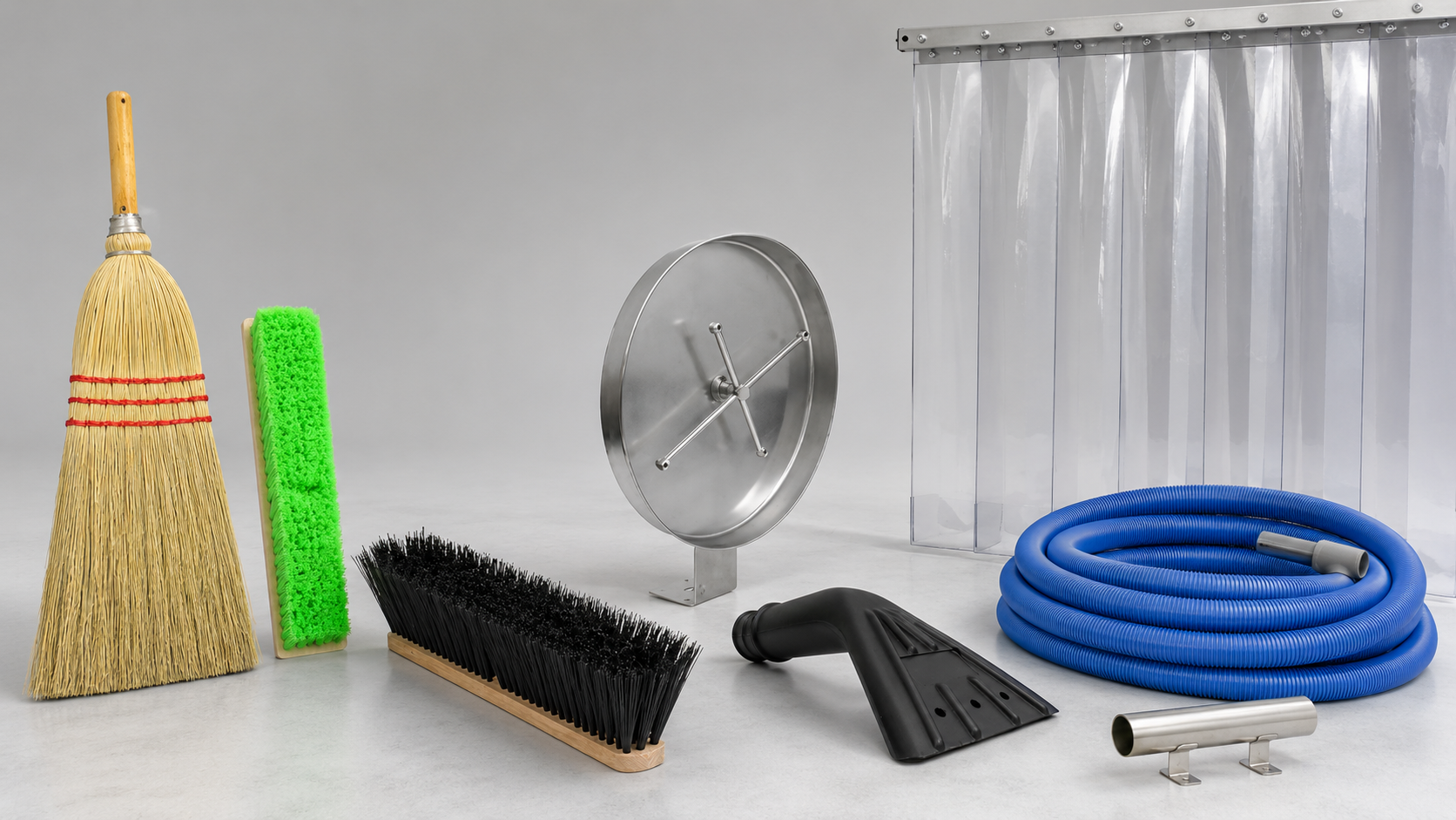 Car wash accessories including brushes, vacuum hose, nozzle, hose reel, curtain strips, and stainless steel fittings.