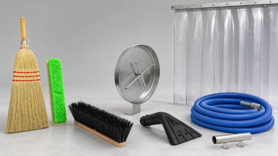 Car wash accessories including brushes, vacuum hose, nozzle, hose reel, curtain strips, and stainless steel fittings.