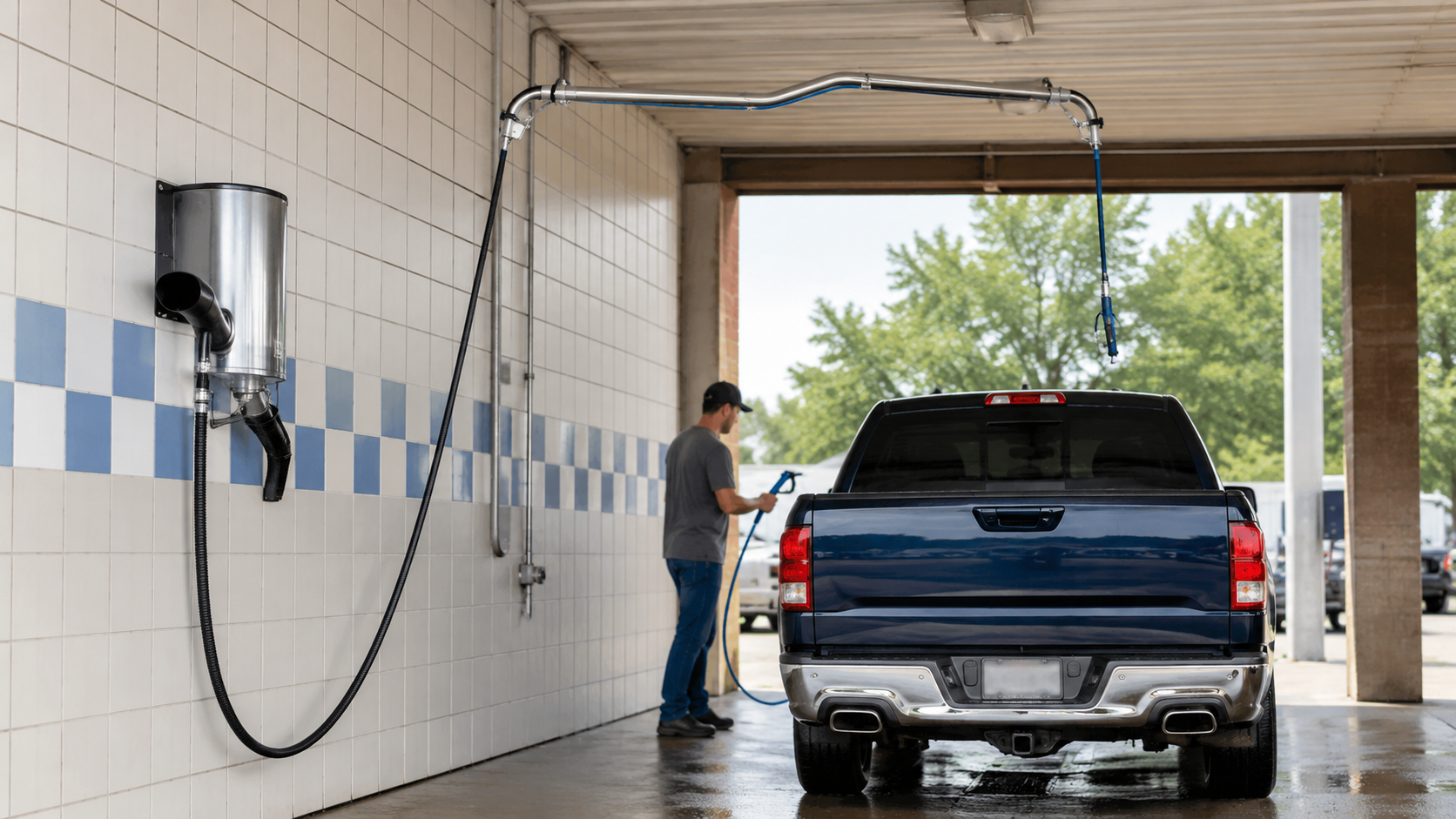 Self-service car wash bay with an overhead hose boom and wall-mounted vehicle drying system.