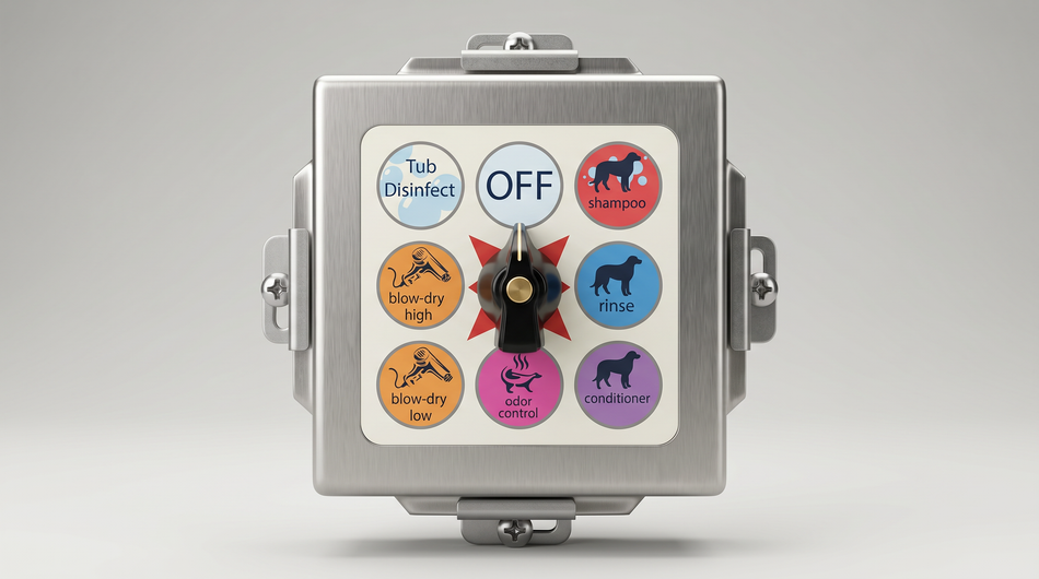 Control panel with colorful buttons on a gray background