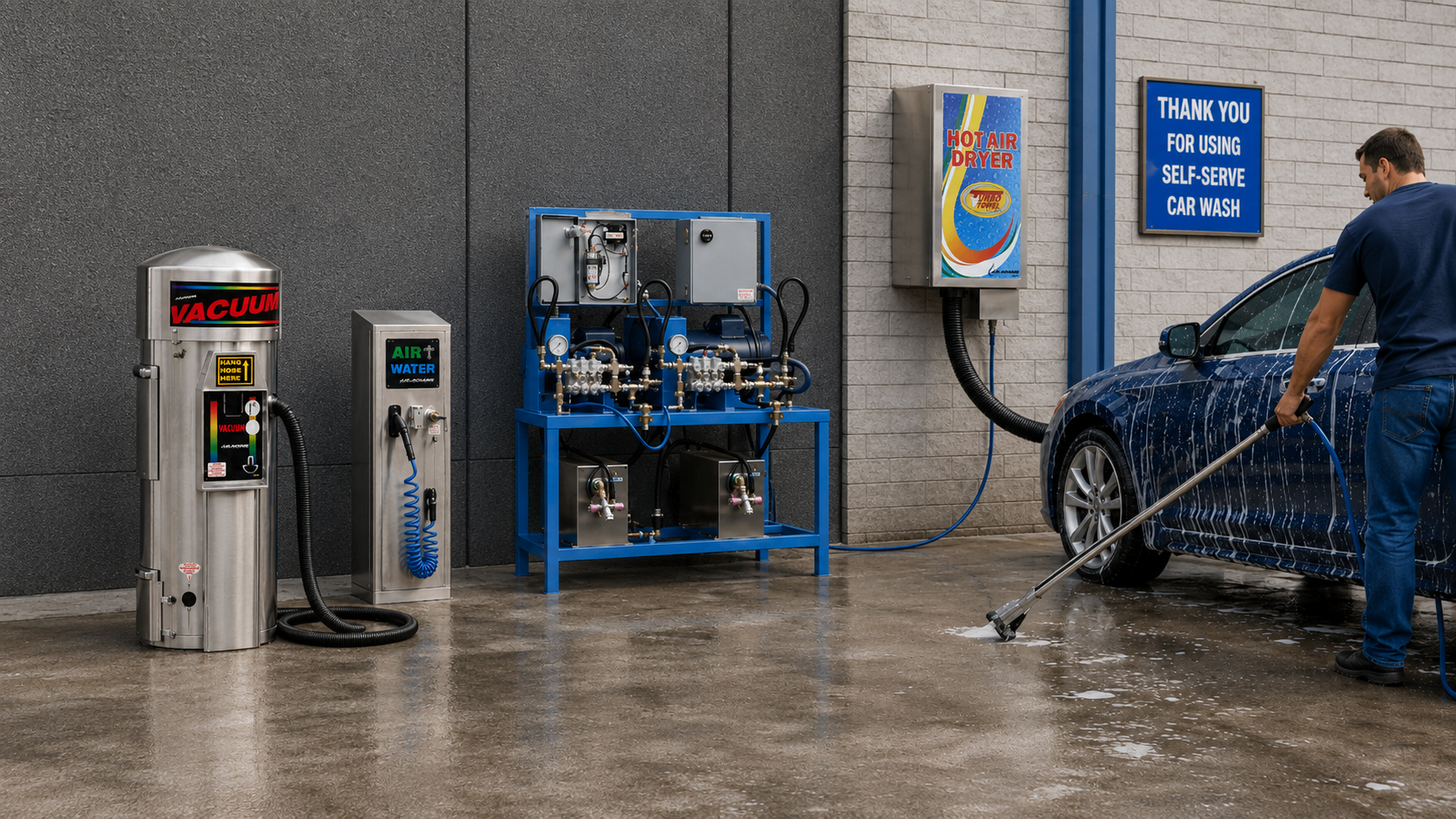 Self-service car wash equipment including vacuum, air and water machine, pump station, and hot air dryer.