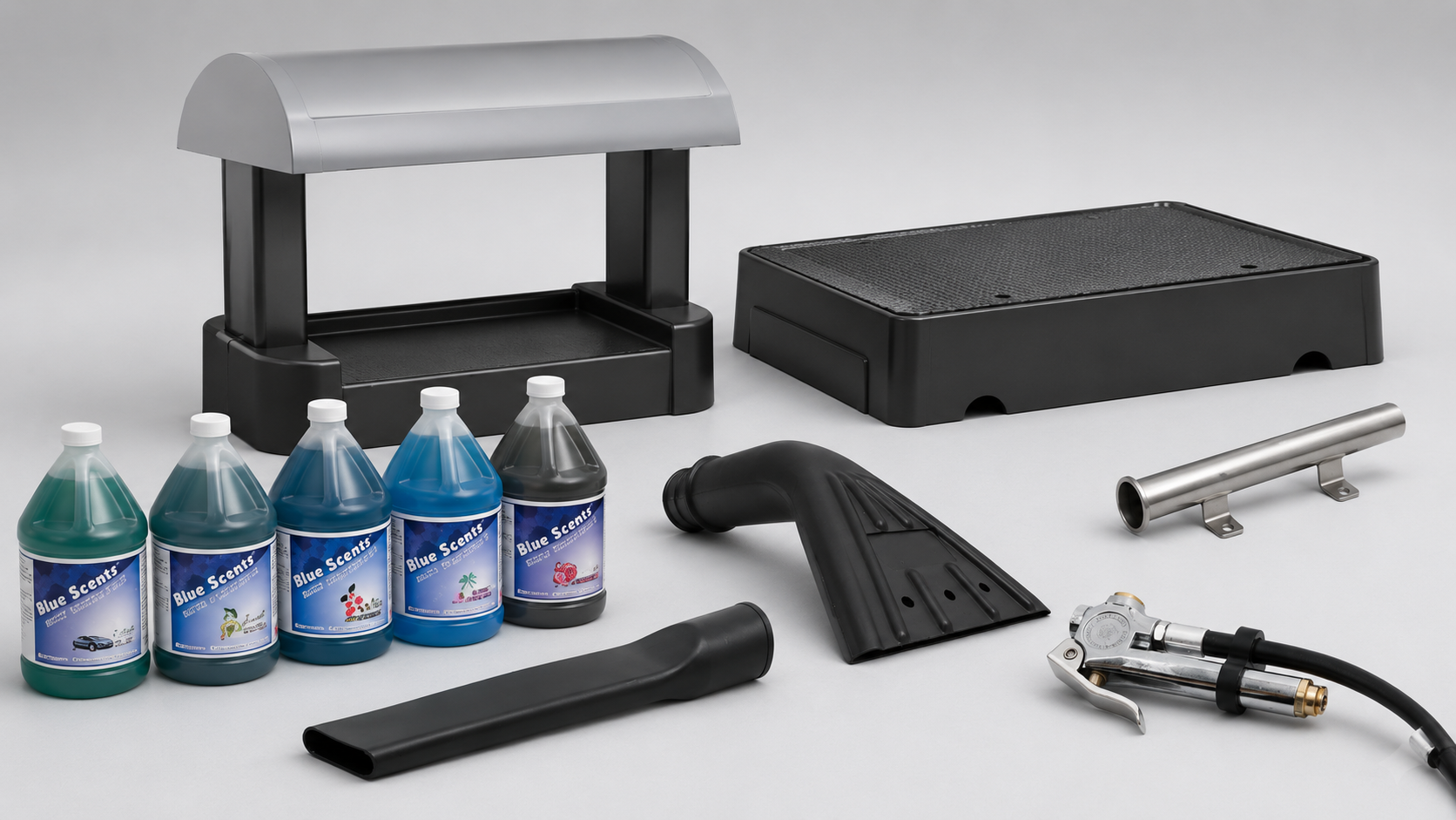 Car wash accessories including equipment platforms, fragrance liquids, vacuum nozzles, air chuck, and stainless steel fittings.