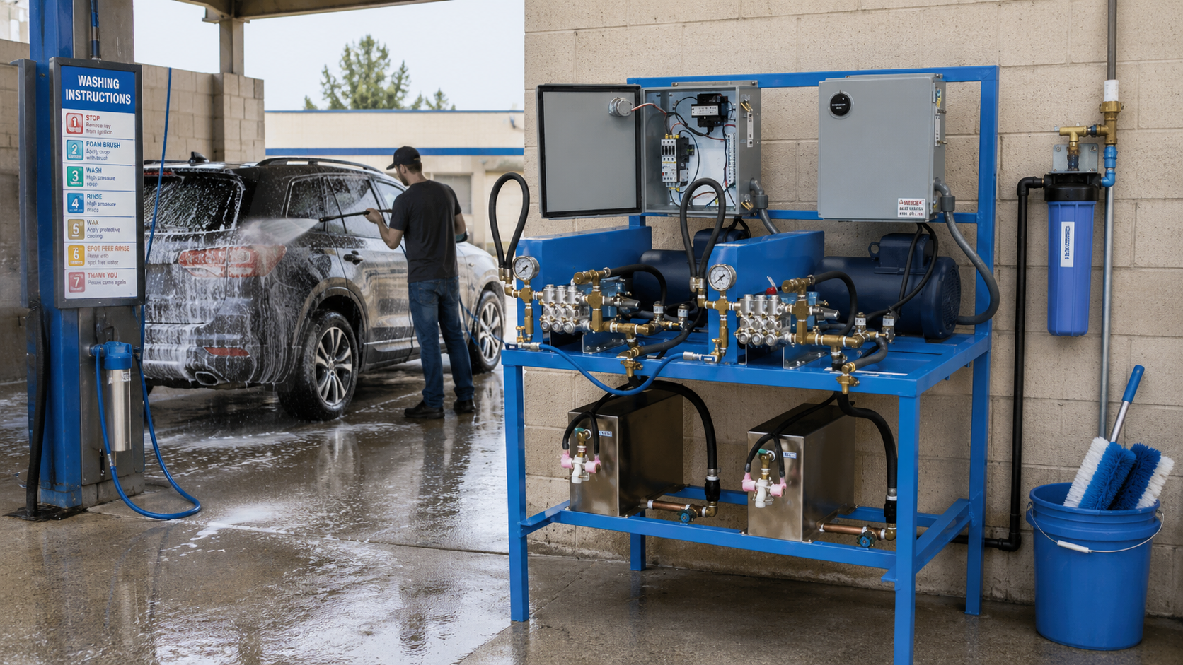Dual-pump car wash station with motors, pressure gauges, chemical tanks, controls, and water filtration system.