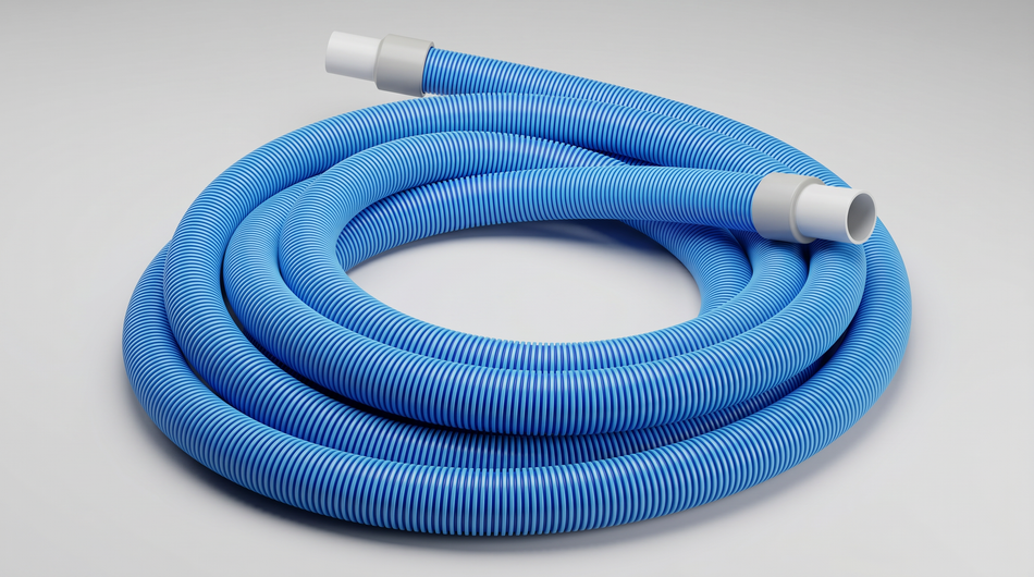 Coiled blue corrugated car wash vacuum hose with white end connectors.