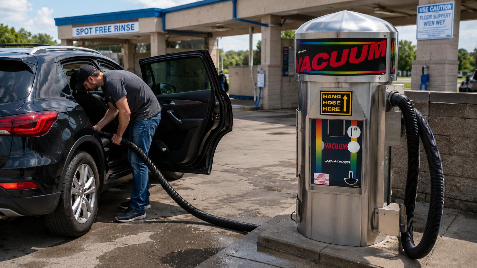 Customer using a commercial self-service vacuum to clean the interior of an SUV.