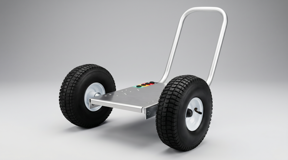 Stainless steel pressure-washer cart with large pneumatic wheels, equipment platform, and push handle.