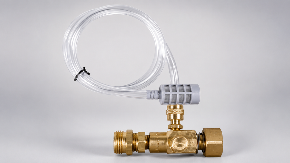 Brass chemical injector assembly with clear suction hose, filter, and threaded pressure-washer fittings.