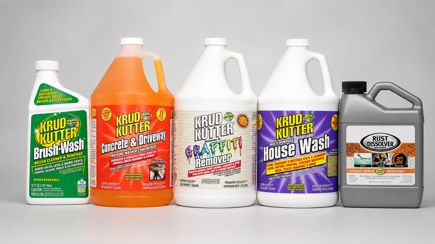Assortment of industrial cleaning chemicals, including concrete cleaner, graffiti remover, house wash, brush wash, and rust dissolver.