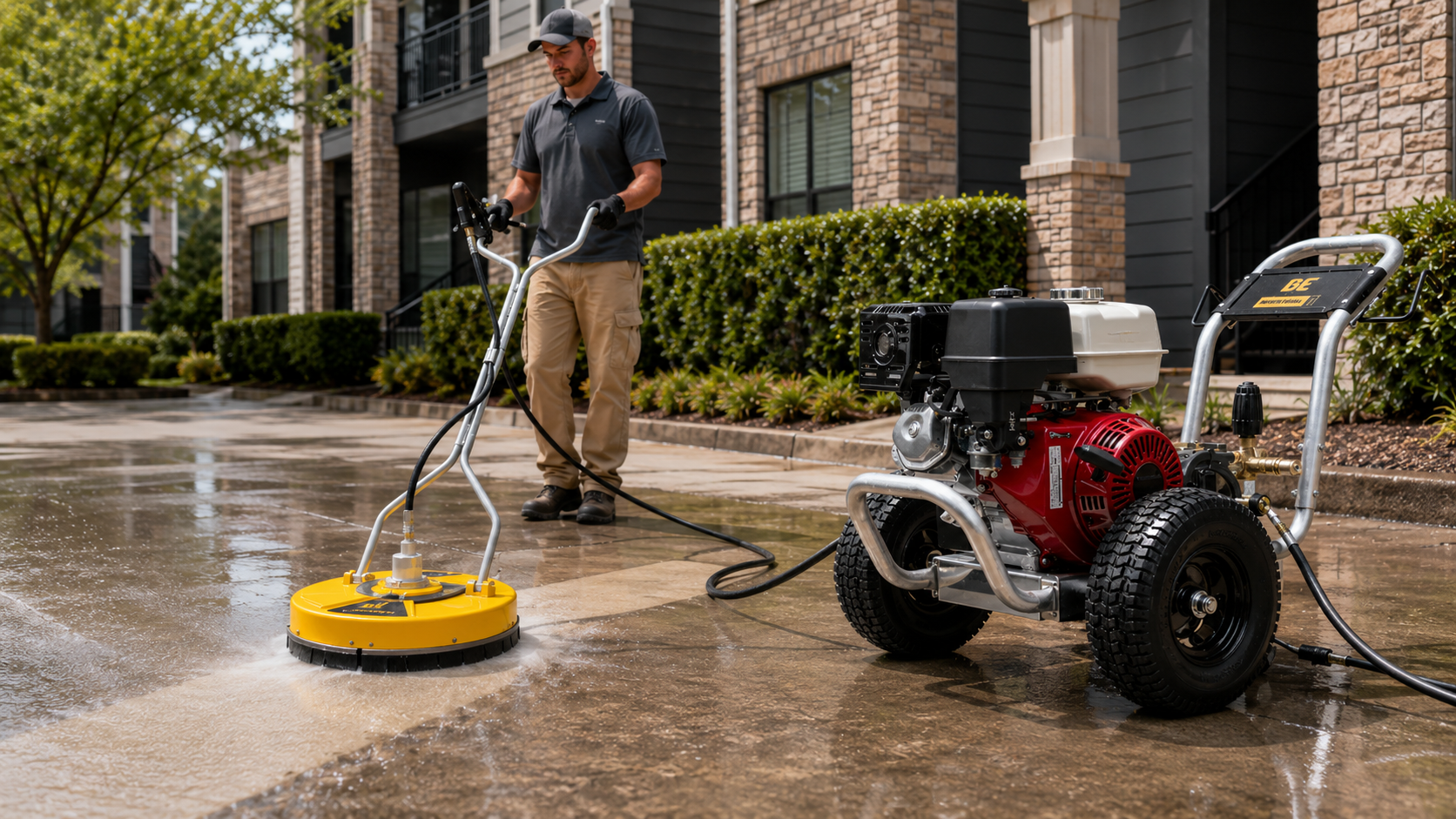 Pressure washing professional using a yellow surface cleaner connected to a gas pressure washer to clean an apartment walkway.