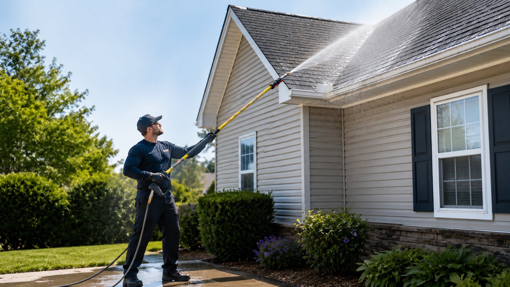 Professional worker using a yellow telescoping pressure washer wand to clean the roof of a suburban home.