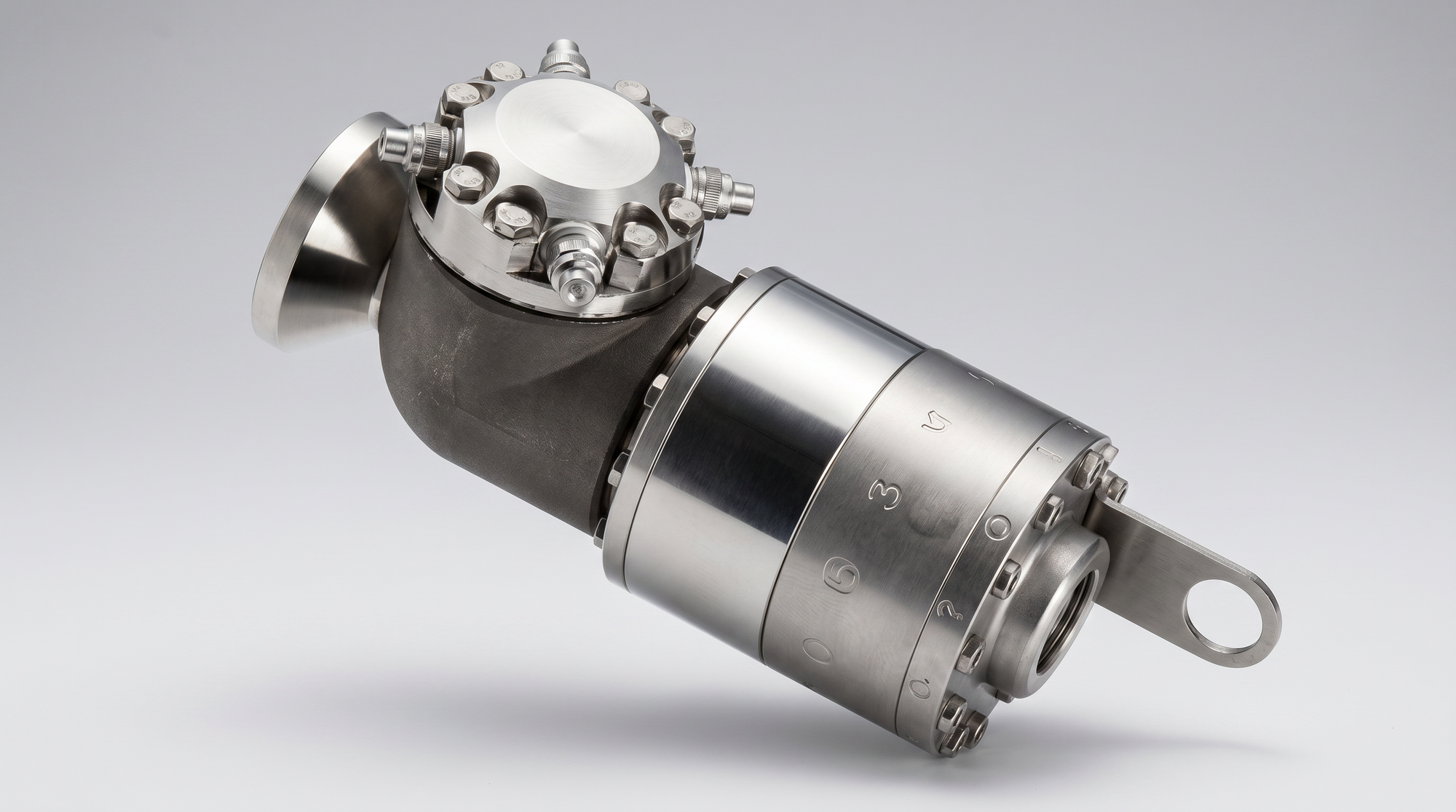 Stainless steel rotary cleaning head with multiple curved spray arms and high-pressure threaded connection.