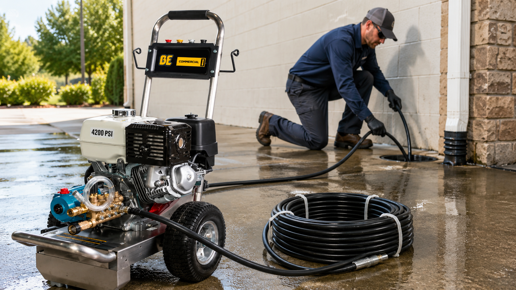 Professional drain-cleaning technician feeding a sewer jetter hose into a drain beside a commercial gas pressure washer.