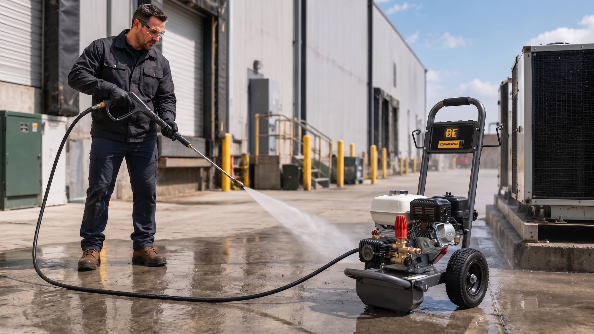 Technician using a commercial cold-water pressure washer to clean an industrial loading area.