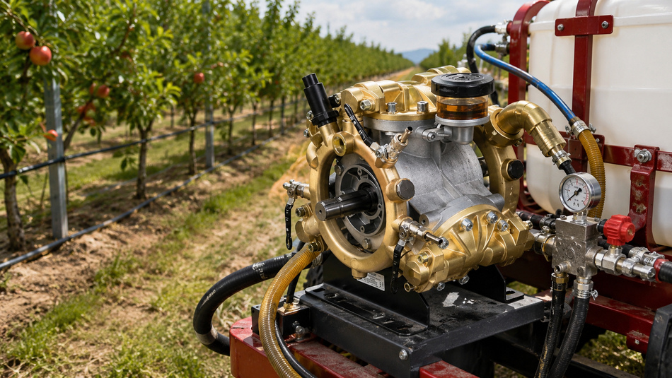 Brass diaphragm pump mounted on an agricultural sprayer system in an apple orchard.
