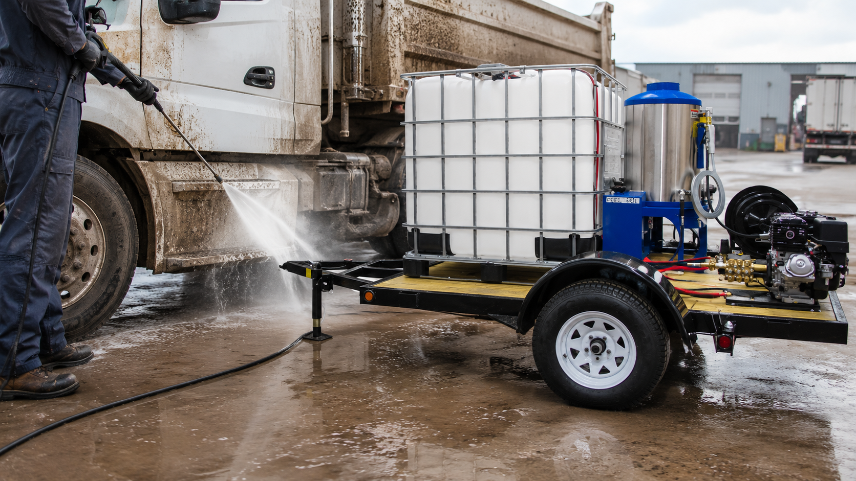 Trailer-mounted diesel pressure-washing system cleaning a muddy commercial truck at an industrial facility.