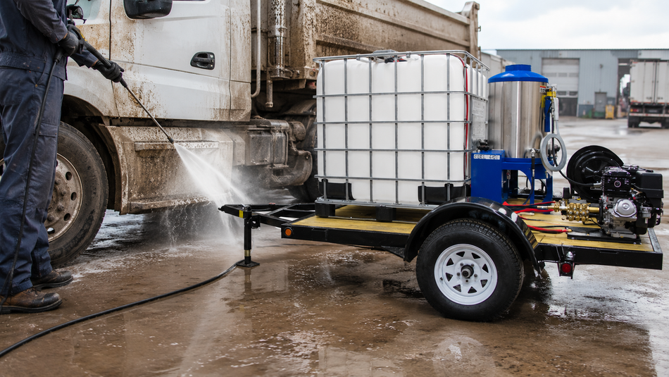 Trailer-mounted diesel pressure-washing system cleaning a muddy commercial truck at an industrial facility.