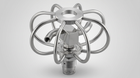 Stainless steel duct-cleaning nozzle with protective cage and multiple high-pressure spray outlets.