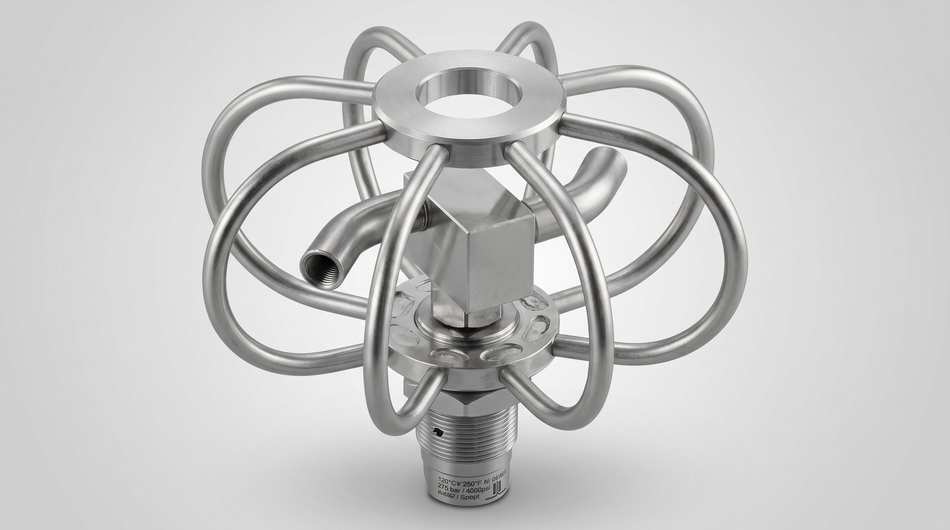 Stainless steel duct-cleaning nozzle with protective cage and multiple high-pressure spray outlets.