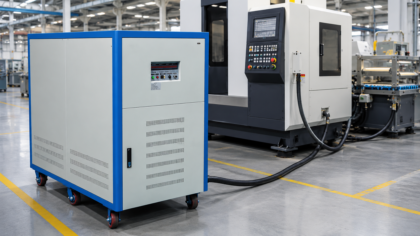 Mobile electric power converter connected to a large CNC machine on a factory floor.