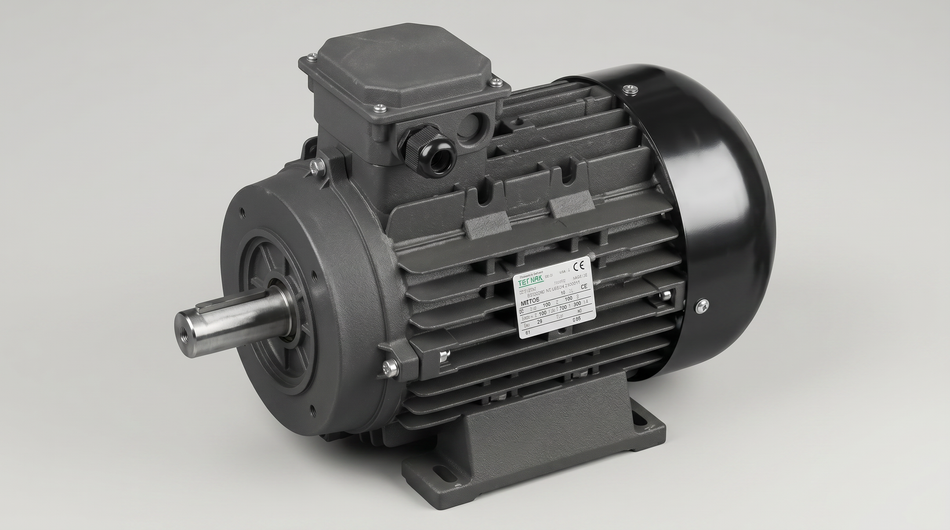 Heavy-duty industrial electric motor with finned housing, mounting base, terminal box, and exposed drive shaft.