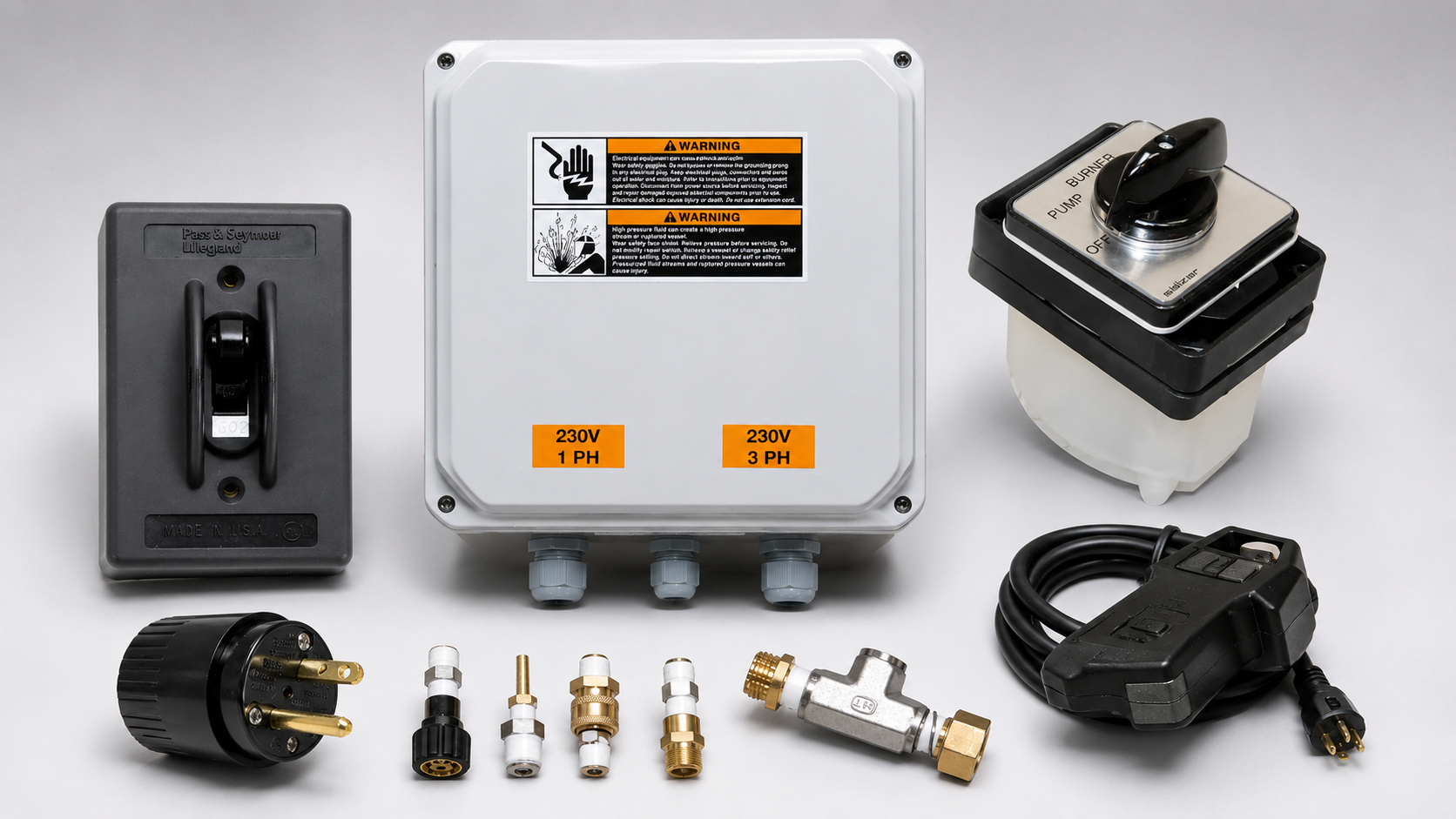 Assortment of pressure-washer electrical components, including control boxes, circuit breaker, rotary switch, plugs, connectors, and power cord.