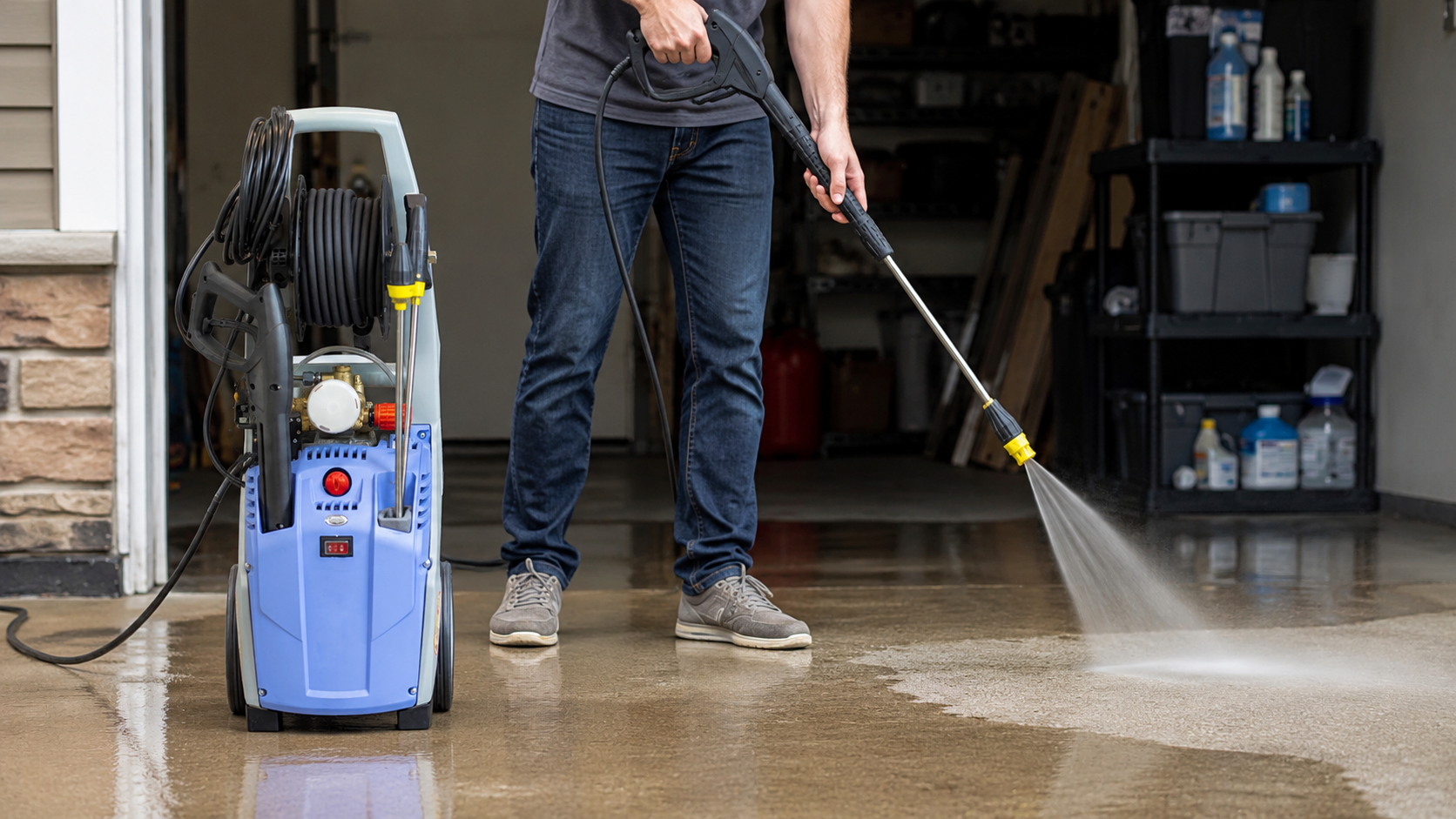 Person using a portable electric pressure washer to clean a concrete garage floor.