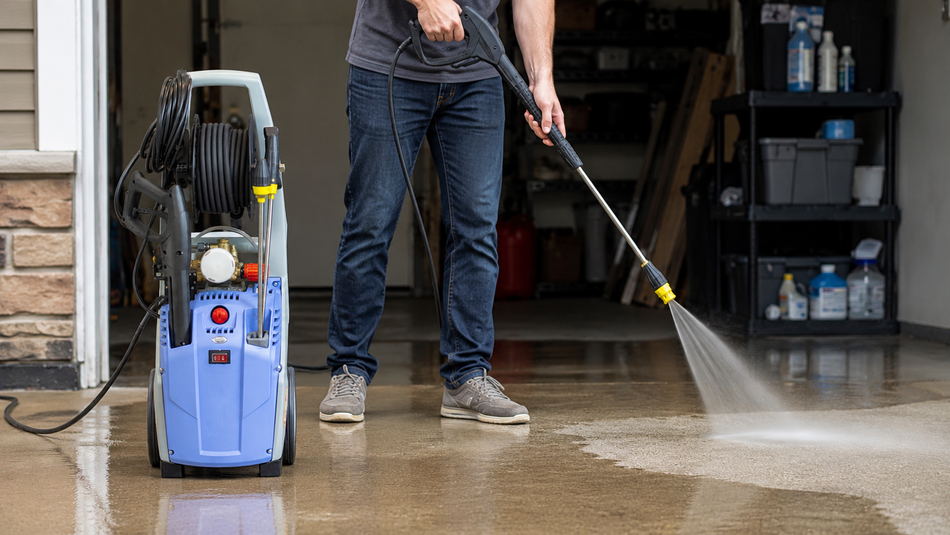 Person using a portable electric pressure washer to clean a concrete garage floor.
