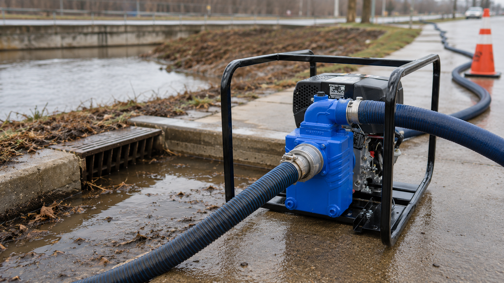 Portable engine-driven water pump draining stormwater through large suction and discharge hoses.