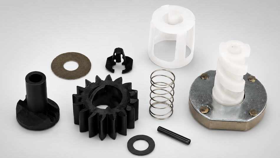 Assortment of pressure-washer engine parts, including impeller, spring, washers, clips, housing, and mounting components.