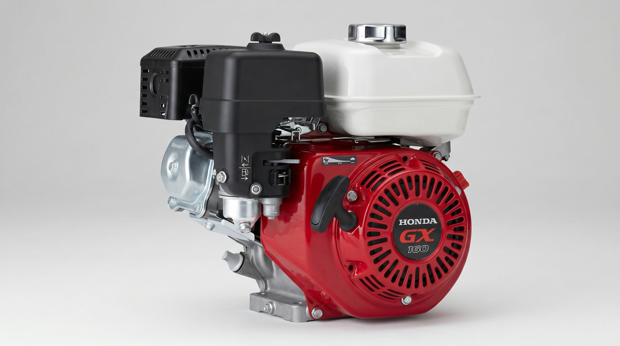 Compact Honda GX160 gasoline engine with recoil starter, fuel tank, air filter, and muffler.