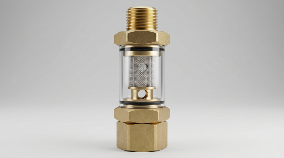Brass inline water filter with transparent housing and a visible stainless steel mesh screen.