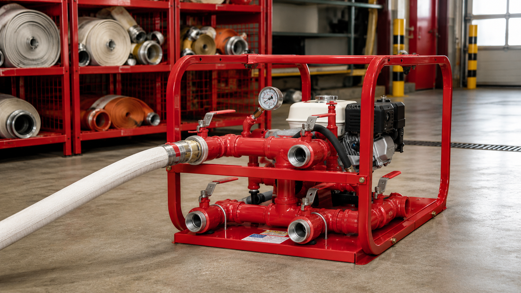 Portable red fire hose testing system with pressure gauge, valves, engine, and connected hose in a fire station.