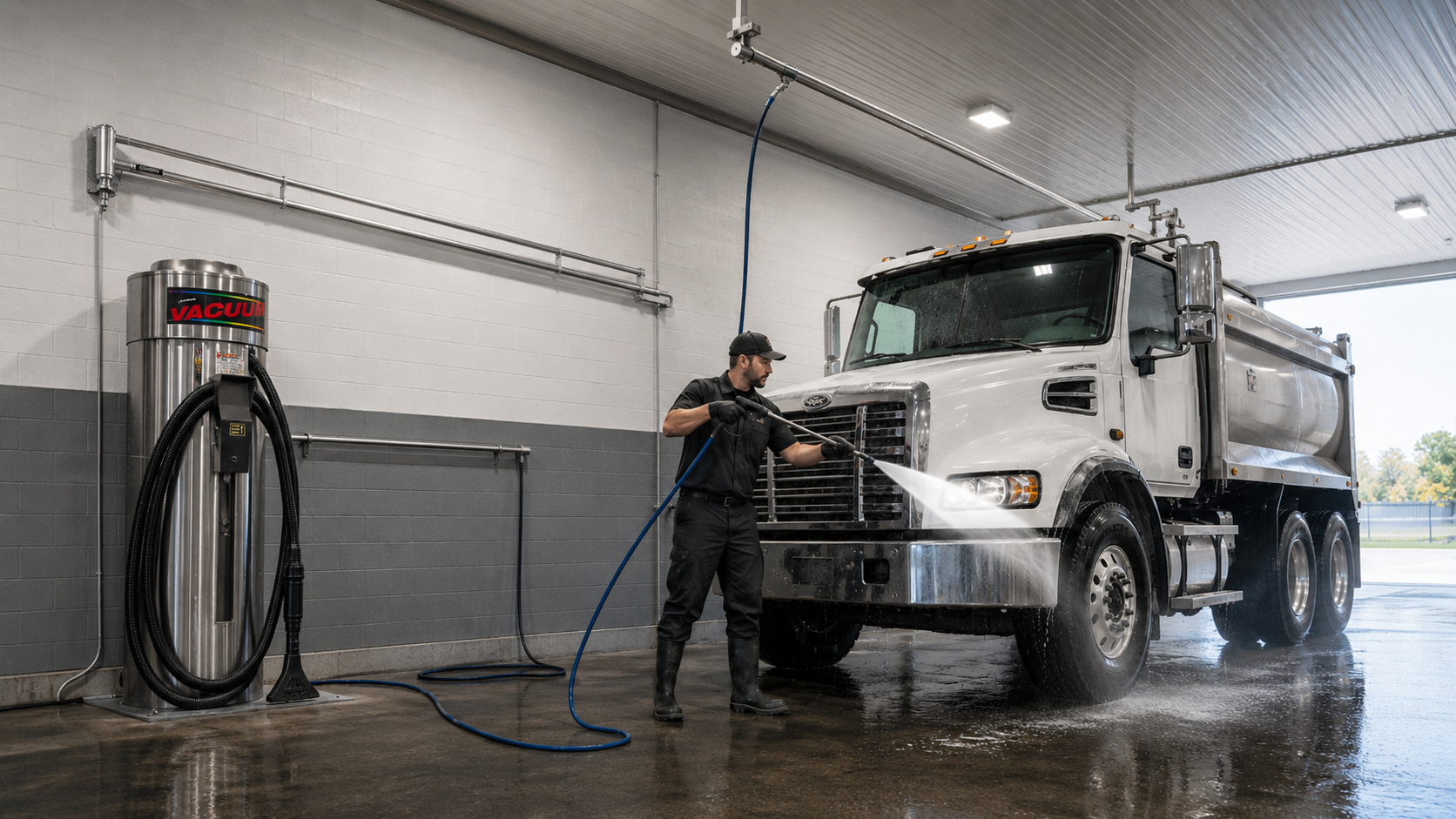 Professional worker pressure washing a fleet truck inside a commercial wash bay with wall- and ceiling-mounted boom arms and a nearby self-service vacuum.