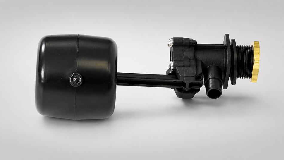 Black plastic float valve assembly with threaded inlet, side outlet, adjustable arm, and large rectangular float.