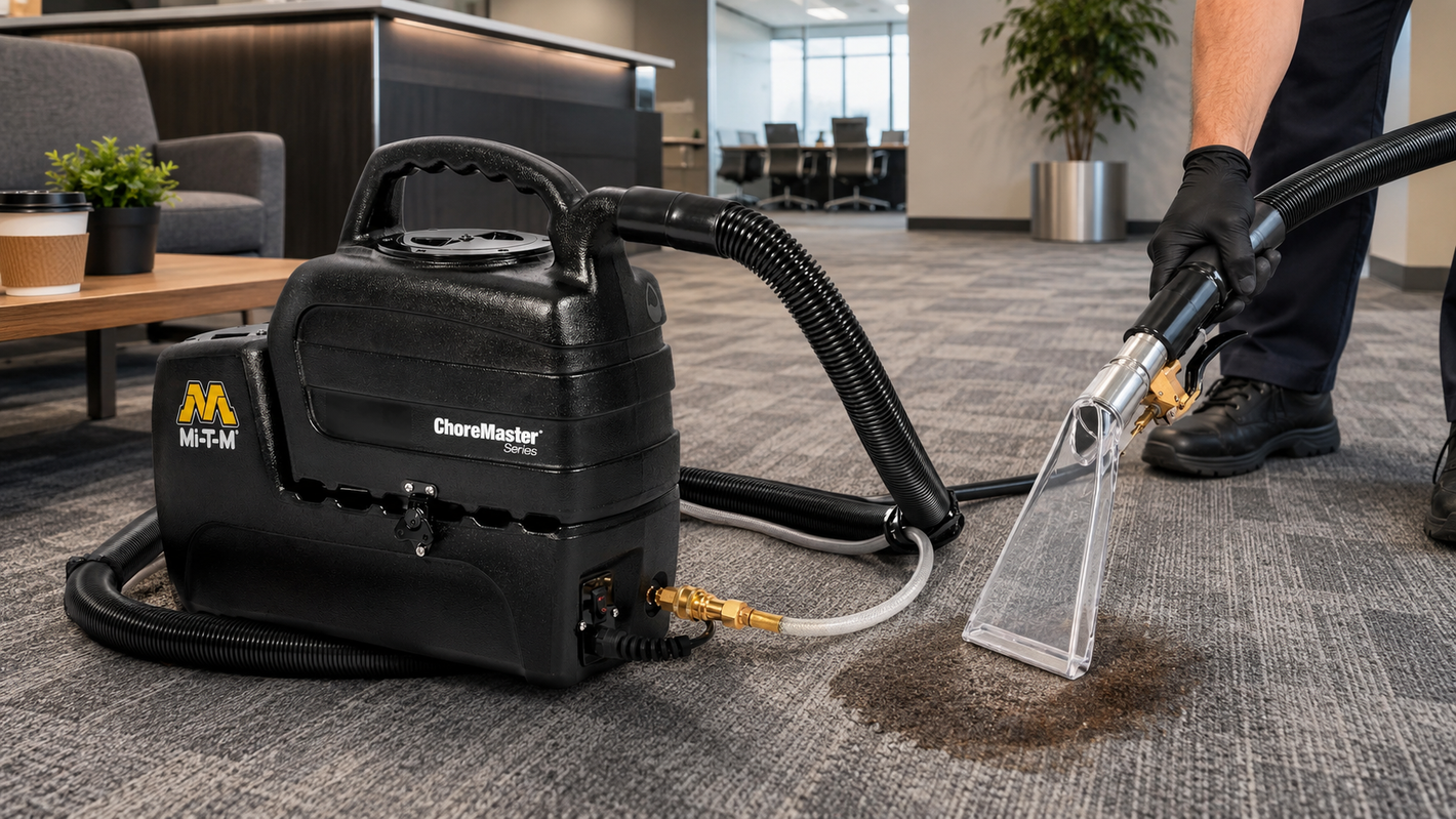 Technician using a portable carpet extractor to remove dirt from an office carpet.
