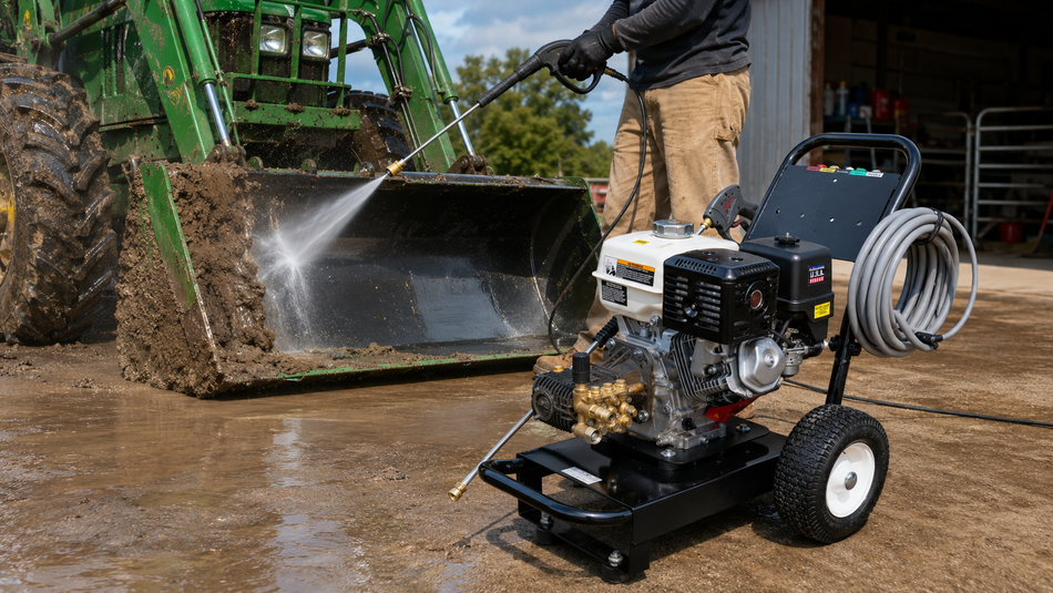 Operator using a gas-powered pressure washer to remove mud from a farm tractor and loader bucket.