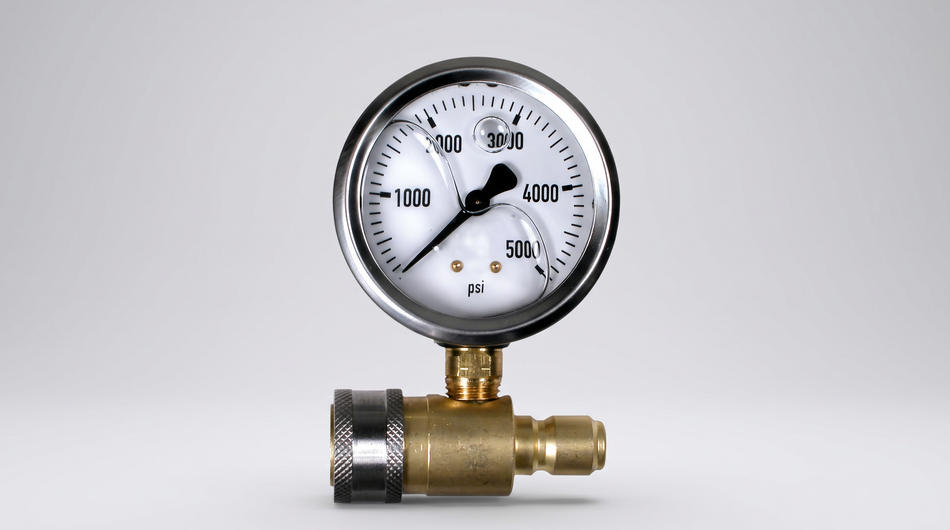 High-pressure gauge rated to 5,000 PSI with brass quick-connect fitting and protective stainless steel bezel.